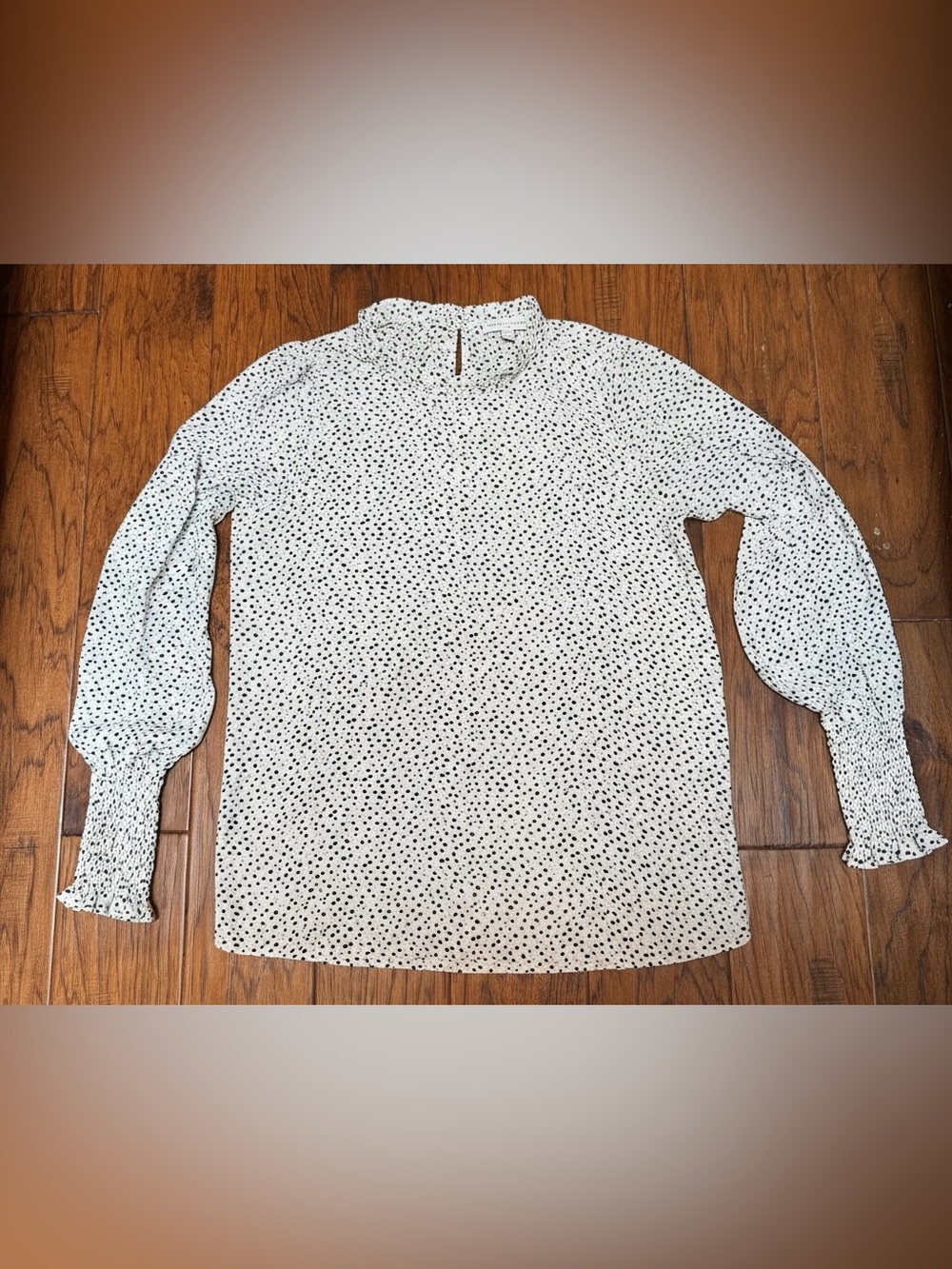 Maison d’Amélie Paris Polka Dot Blouse Small Sheer Smocked Sleeve Ruffle Neck - Picture 4 of 9